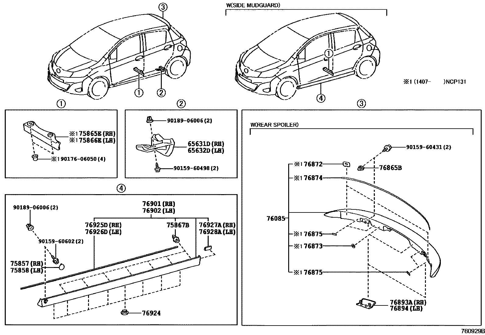 Toyota YARIS 挡泥板和扰流板 EPC diagram — 760929B