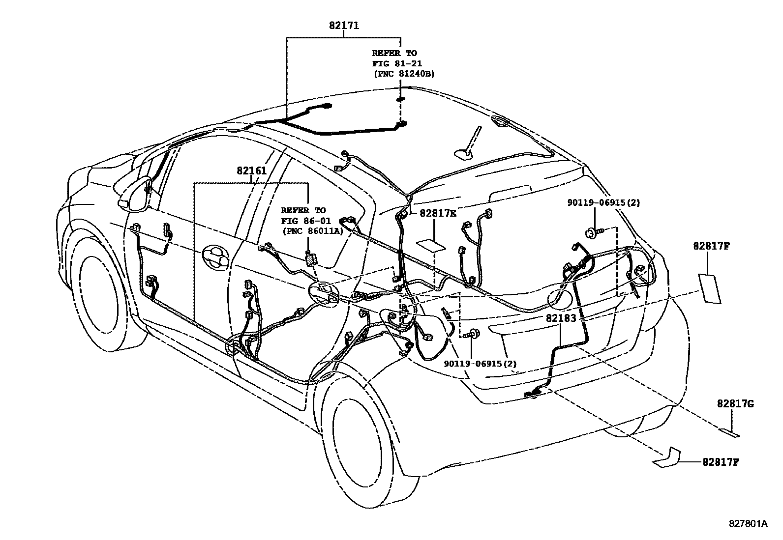 Toyota YARIS 线束和卡夹 EPC diagram — 827801A