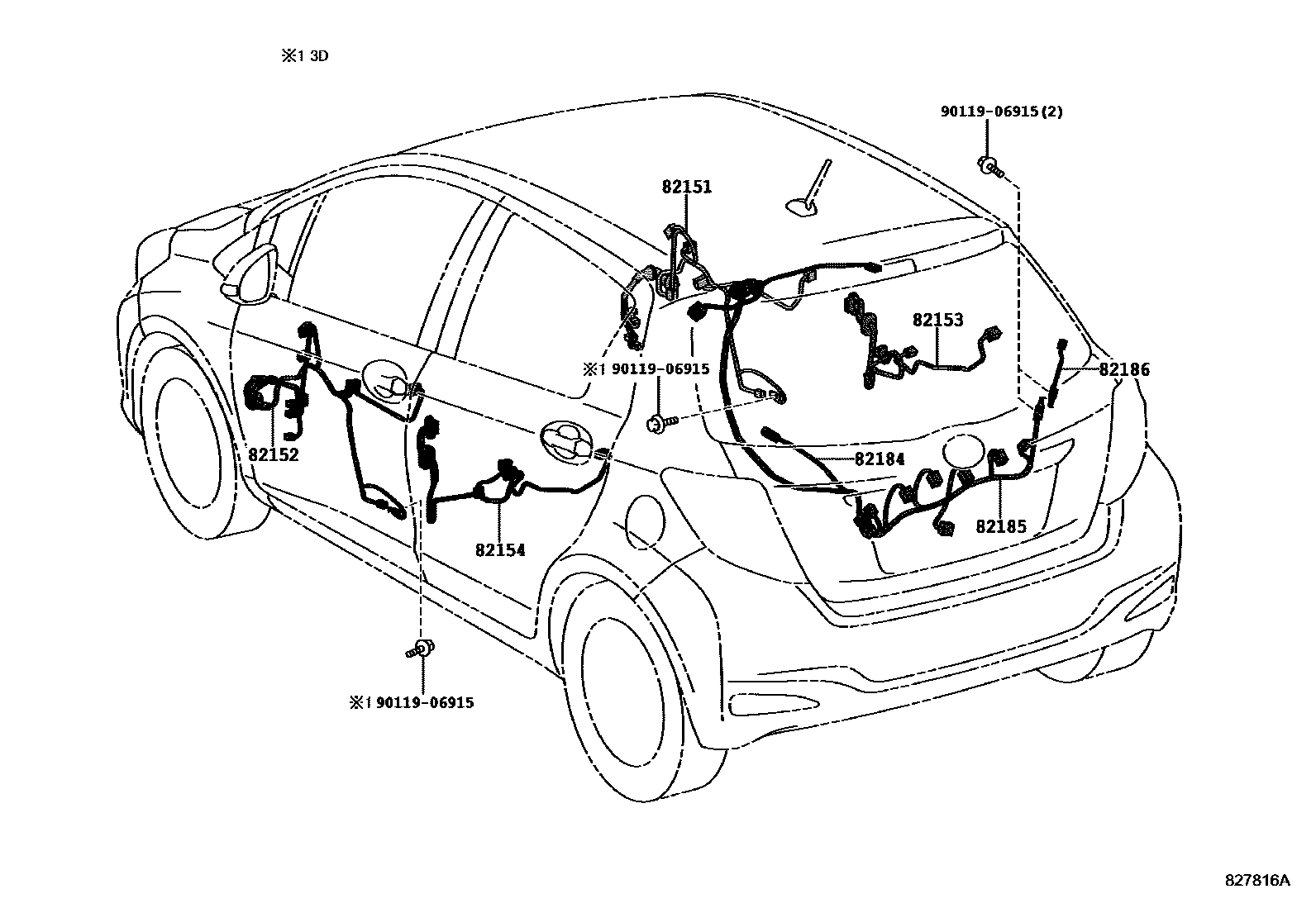 Toyota YARIS 线束和卡夹 EPC diagram — 827816A