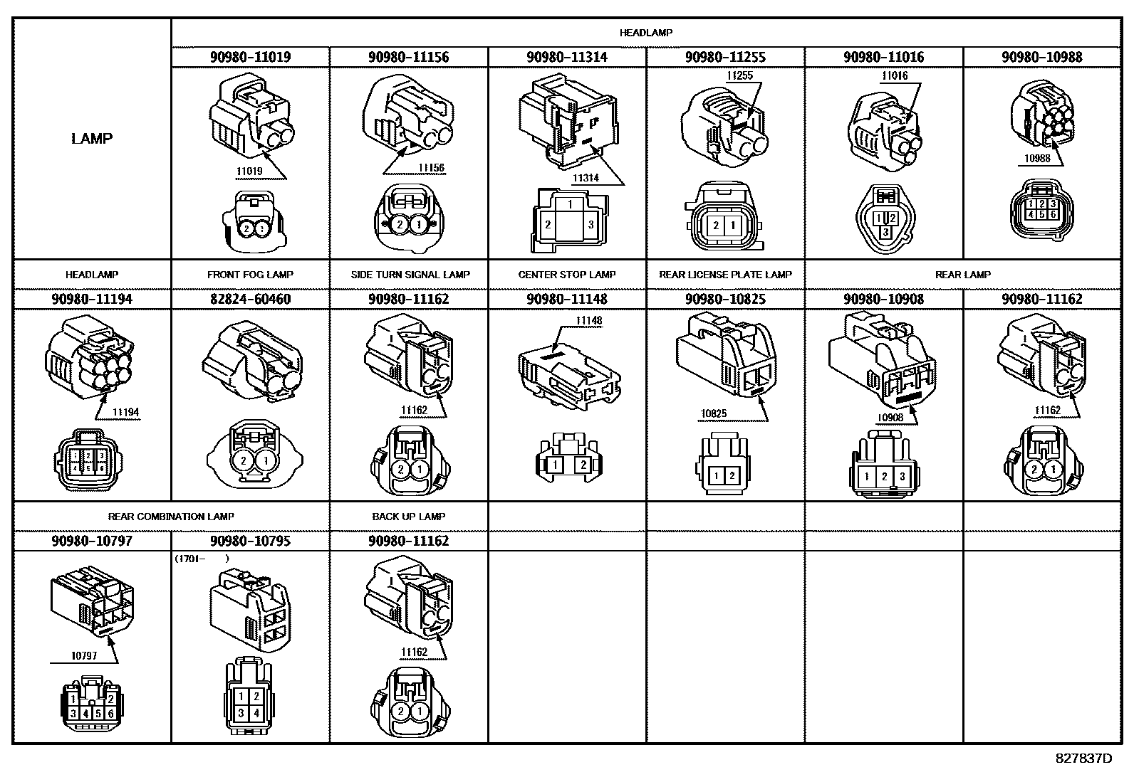 Toyota YARIS 线束和卡夹 EPC diagram — 827837D
