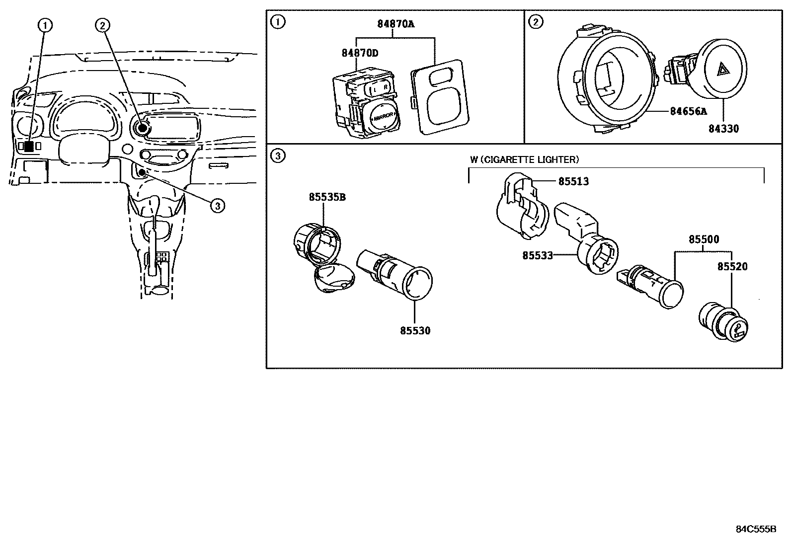 Toyota YARIS 开关和继电器和ECU EPC diagram — 84C555B