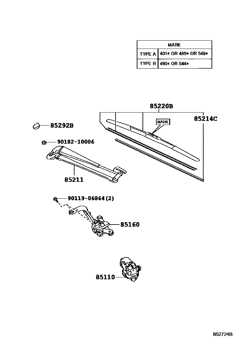Toyota YARIS 挡风玻璃刮水器 EPC diagram — 852724B