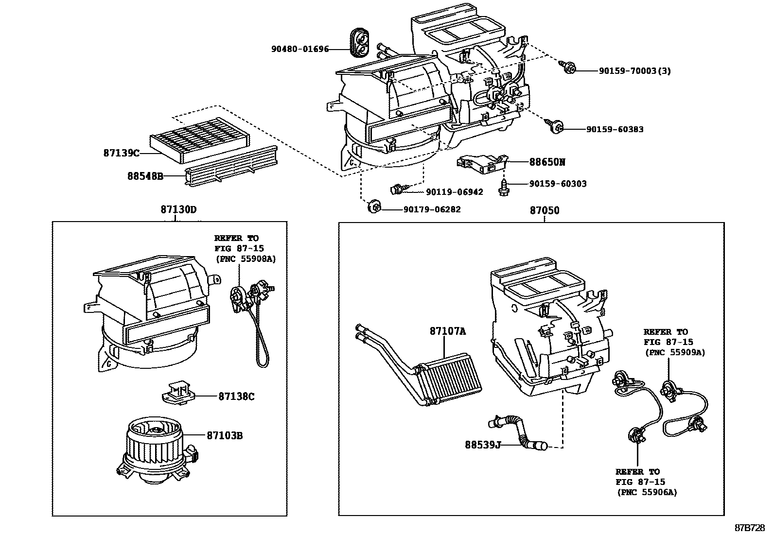 Toyota YARIS 暖风和空调系统 - 冷却器组件 EPC diagram — 87B728