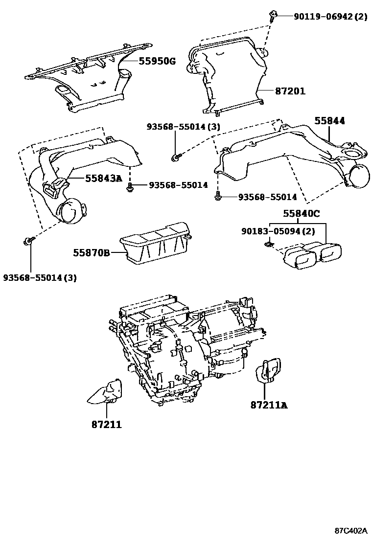 Toyota YARIS 暖风和空调系统 - 控制器和风管 EPC diagram — 87C402A