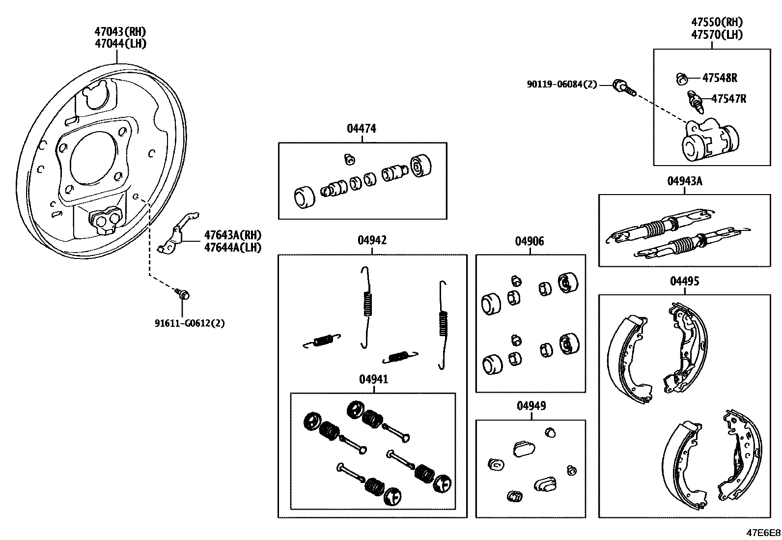 Toyota YARIS 后鼓式制动器分泵和底板 EPC diagram — 47E6E8