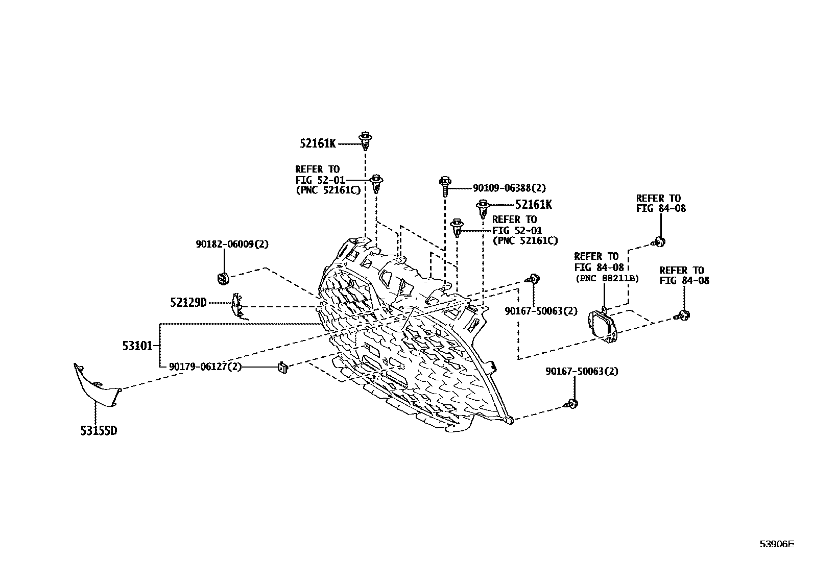Toyota YARIS radiator grille EPC diagram — 53906E