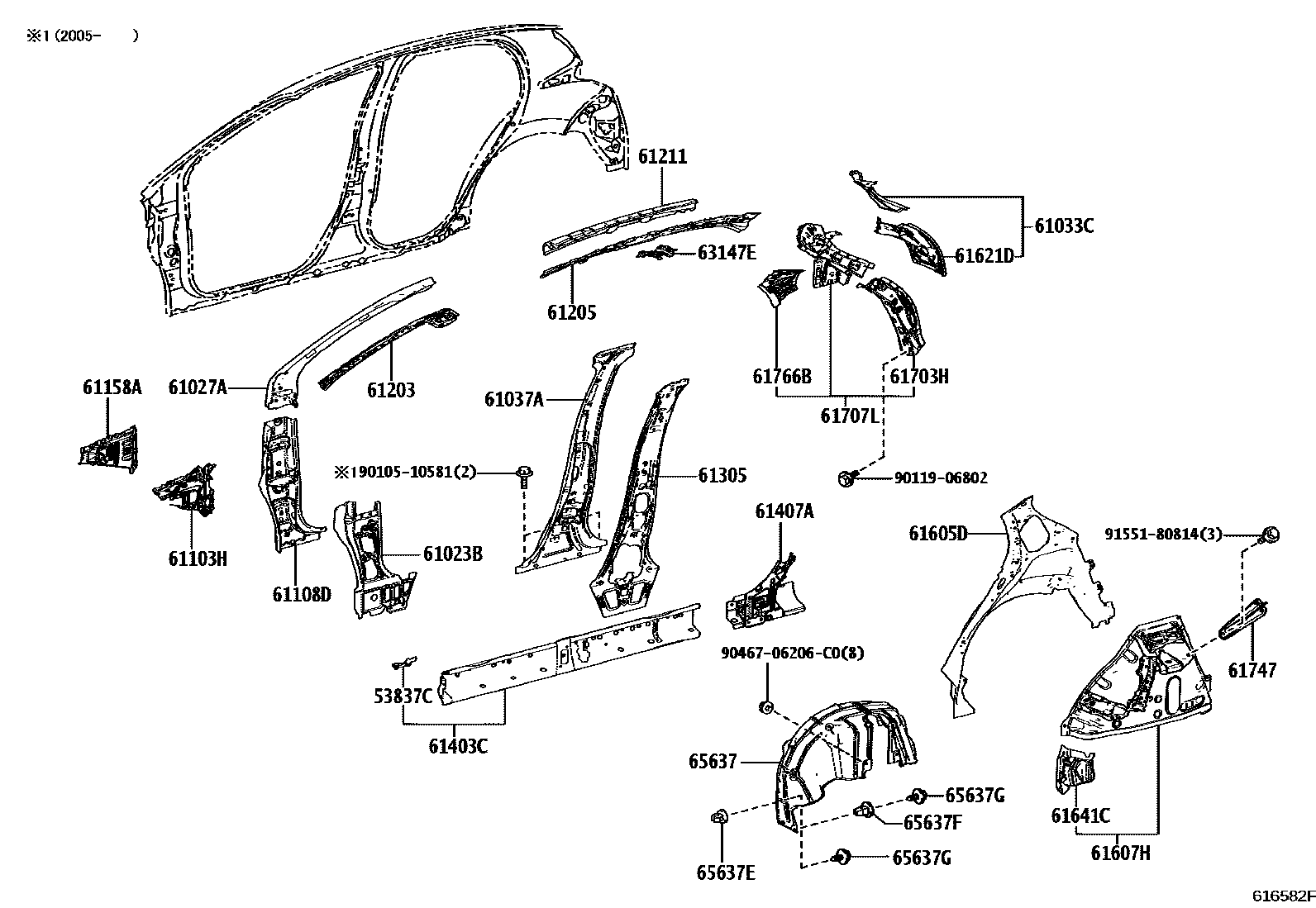 Toyota YARIS 侧梁 EPC diagram — 616582F