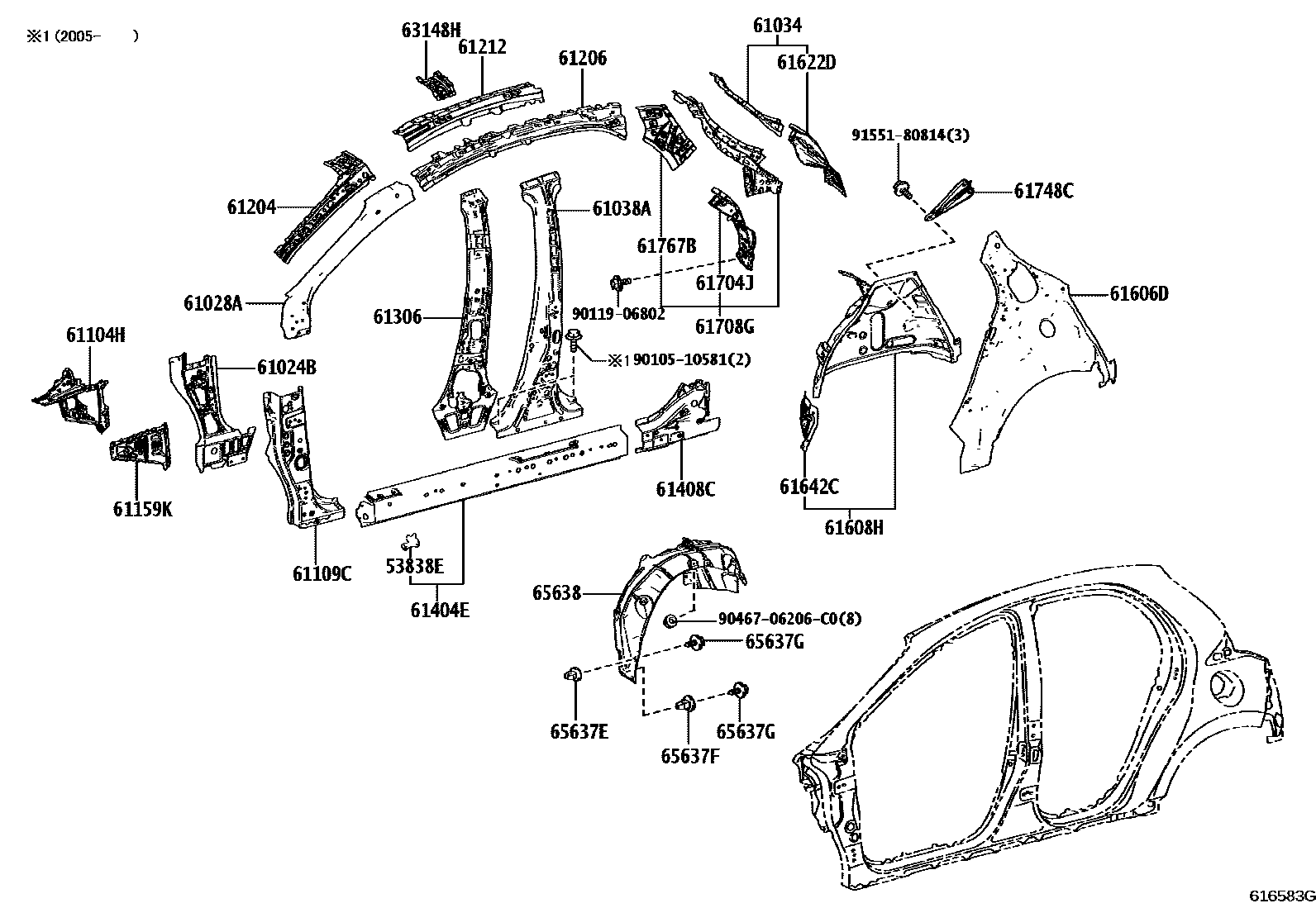 Toyota YARIS 侧梁 EPC diagram — 616583G
