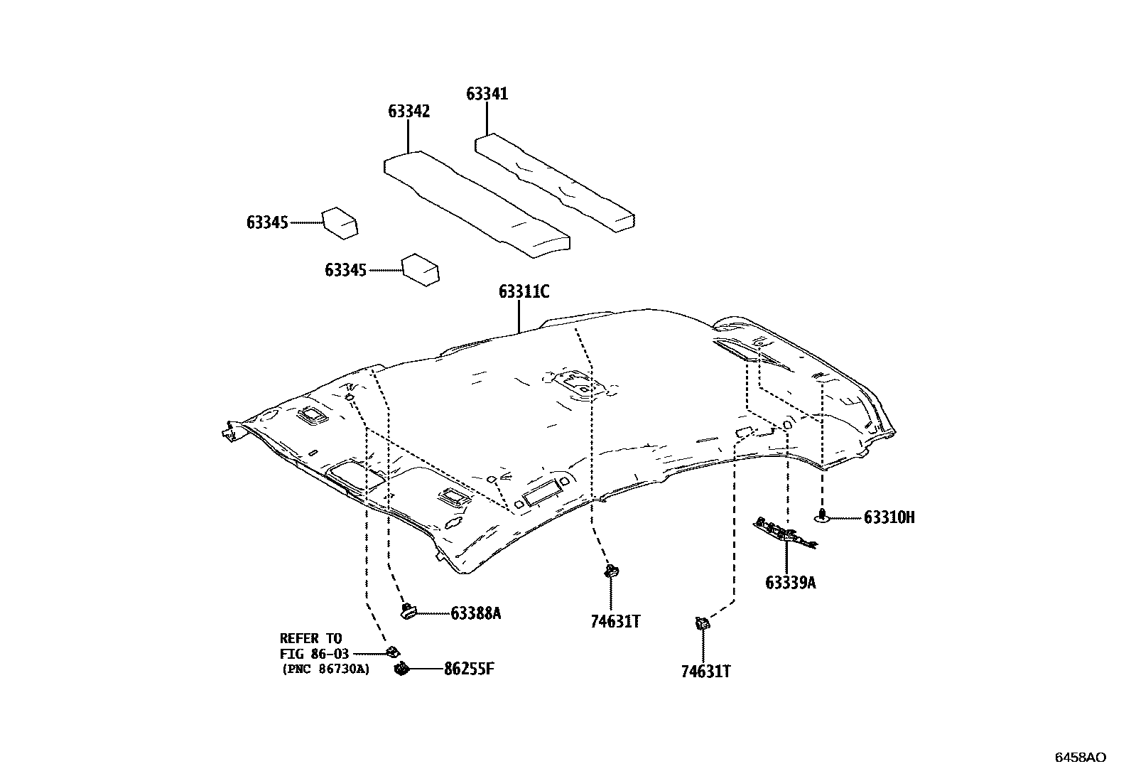 Toyota YARIS 车顶内衬和消声垫 EPC diagram — 6458AO