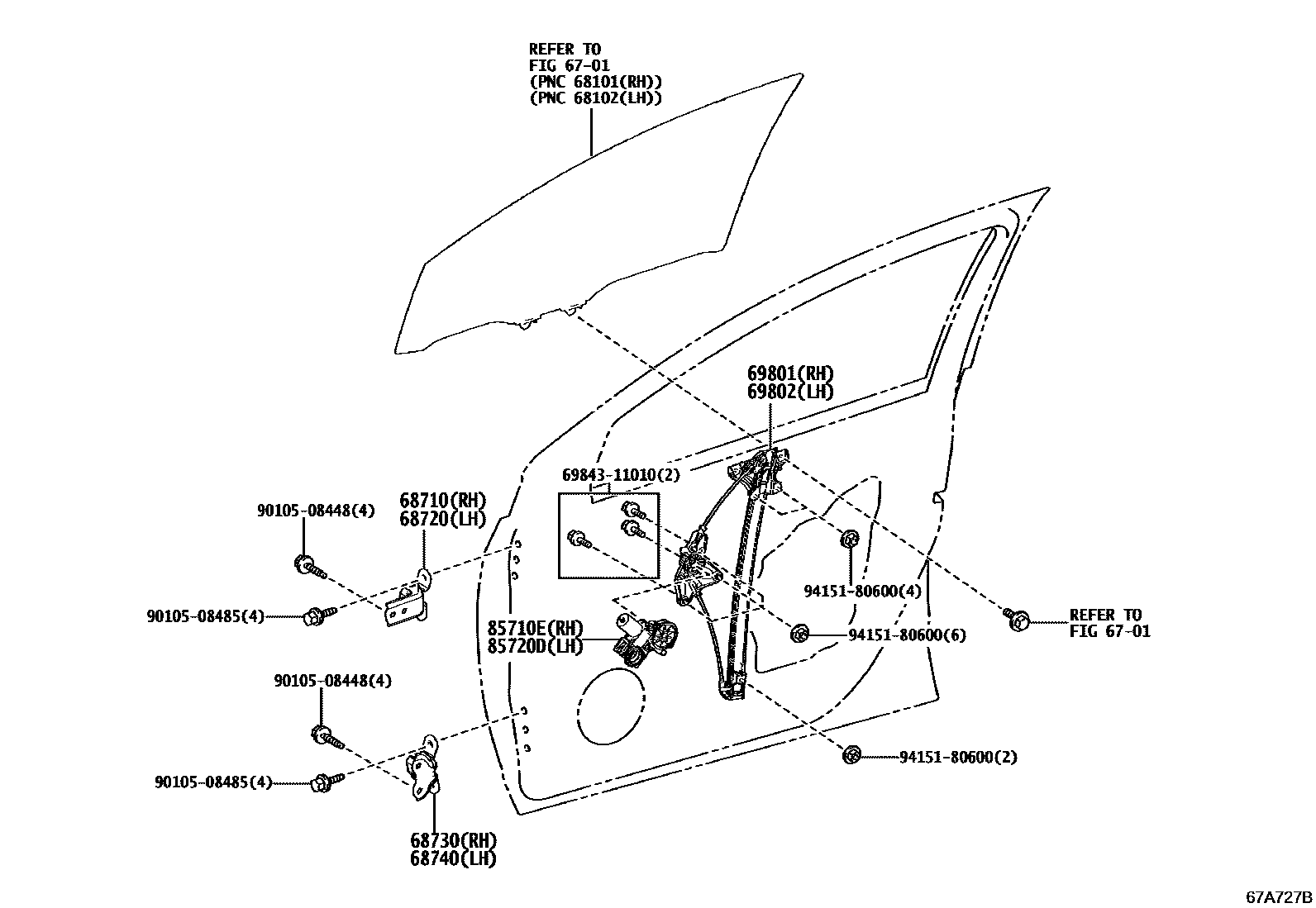 Toyota YARIS 前门车窗升降器和合页 EPC diagram — 67A727B