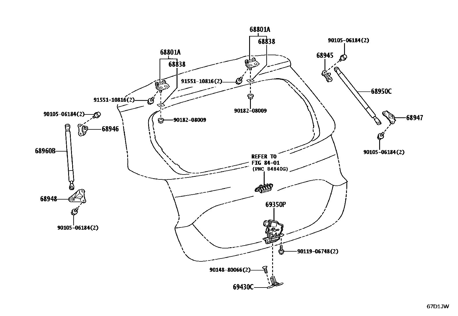 Toyota YARIS 背门锁和背门把手 EPC diagram — 67D1JW