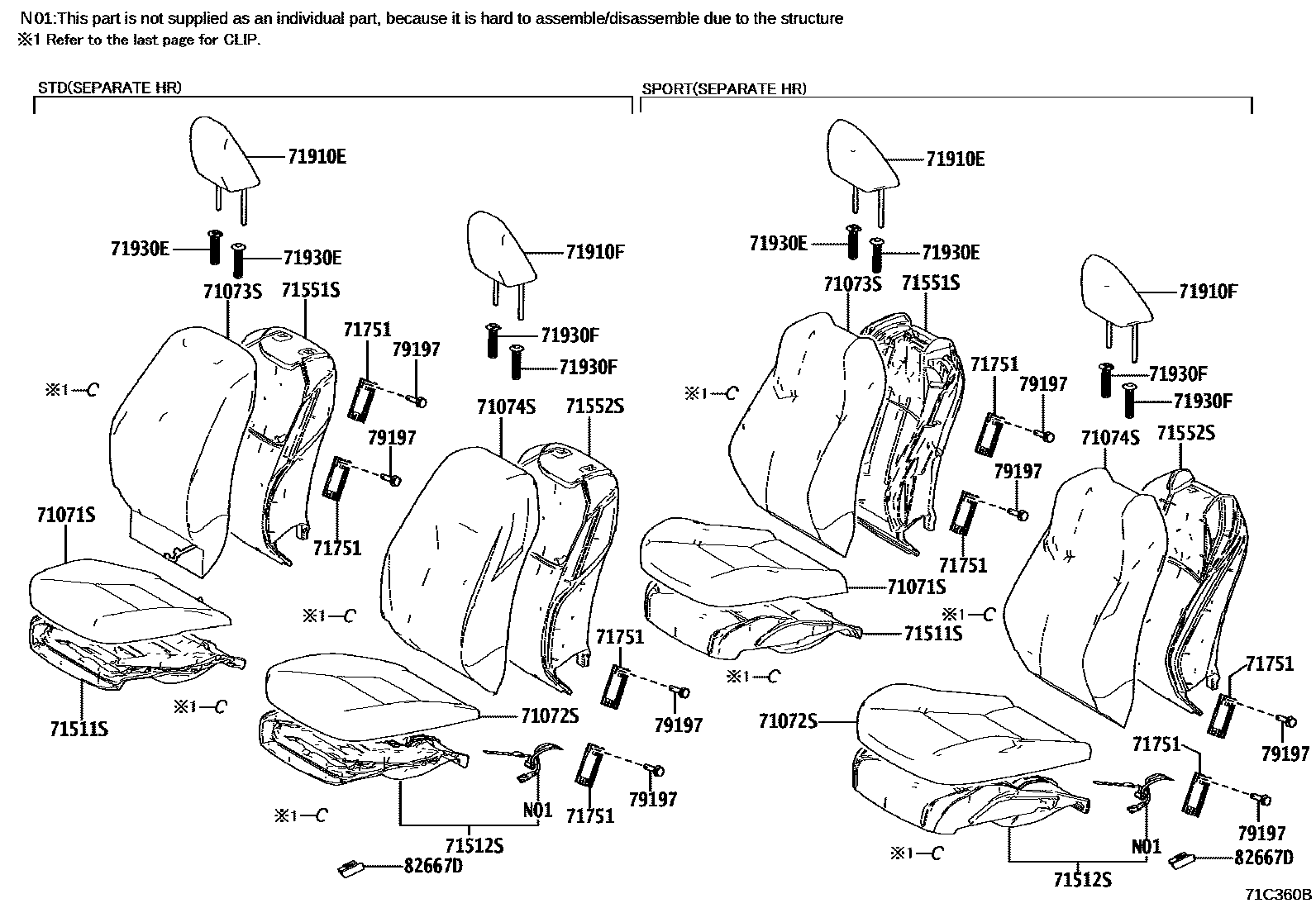 Toyota YARIS 前排座椅和座椅滑轨 EPC diagram — 71C360B
