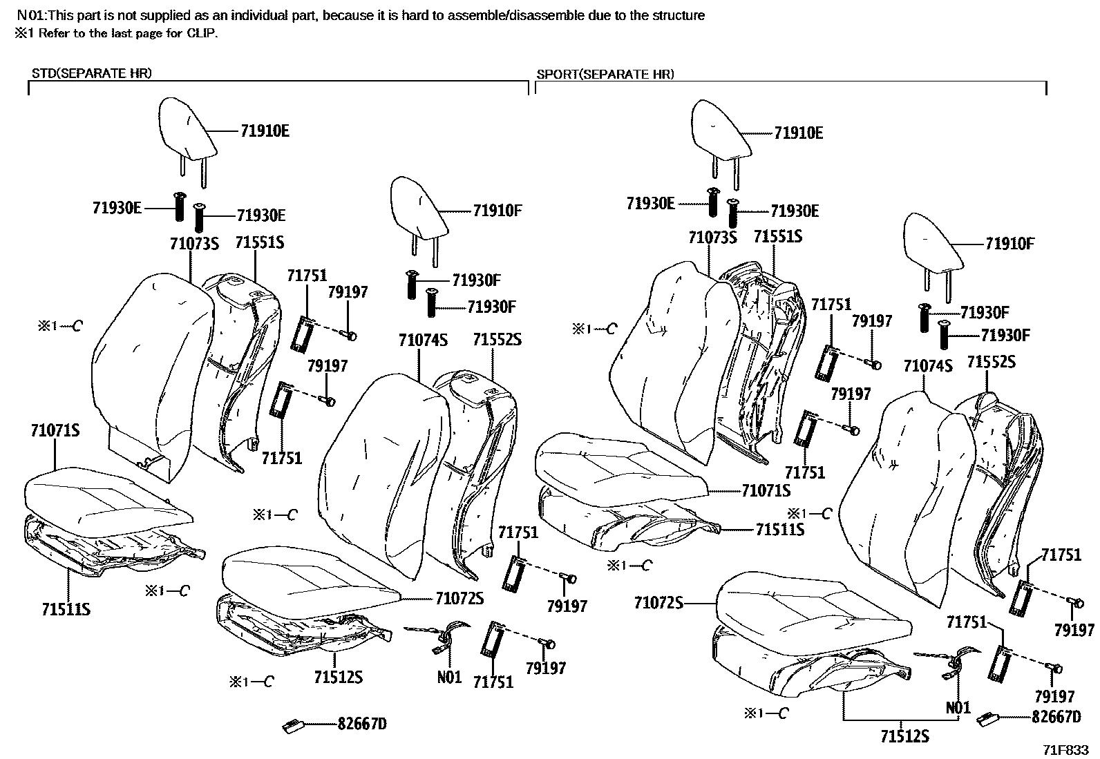 Toyota YARIS 前排座椅和座椅滑轨 EPC diagram — 71F833