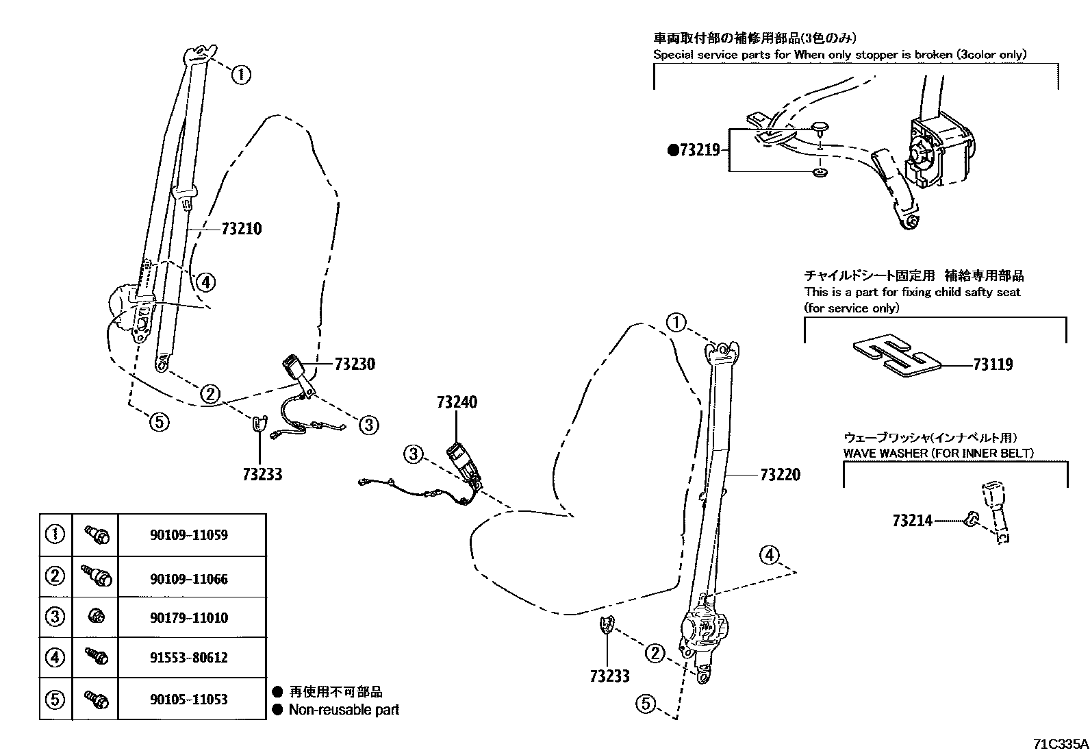 Toyota YARIS 安全带和儿童保护座椅 EPC diagram — 71C335A