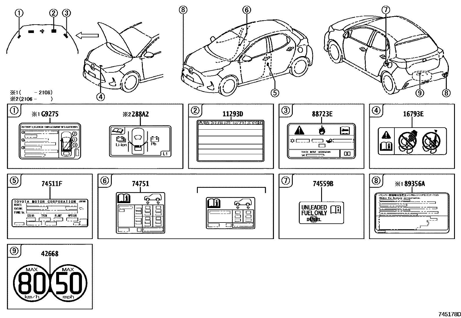 Toyota YARIS 警示铭牌(车外和车内) EPC diagram — 745178D
