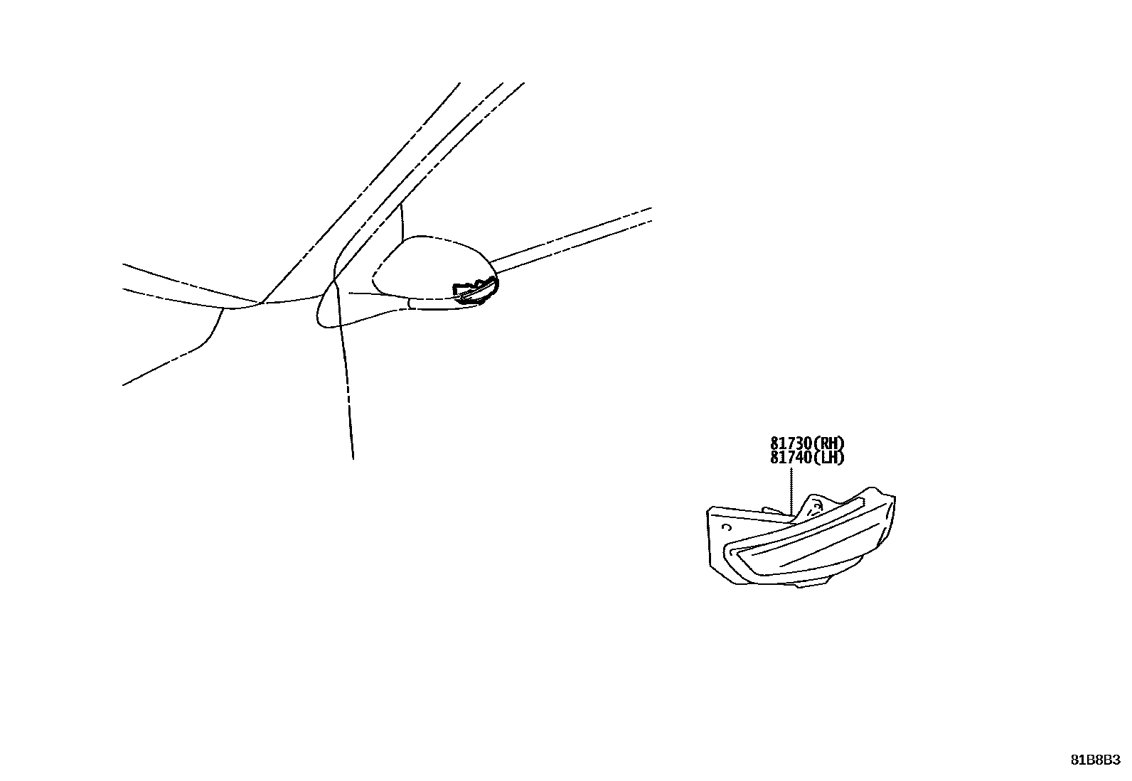 Toyota YARIS Side Turn Signal & Outer Mirror Lamp EPC diagram — 81B8B3