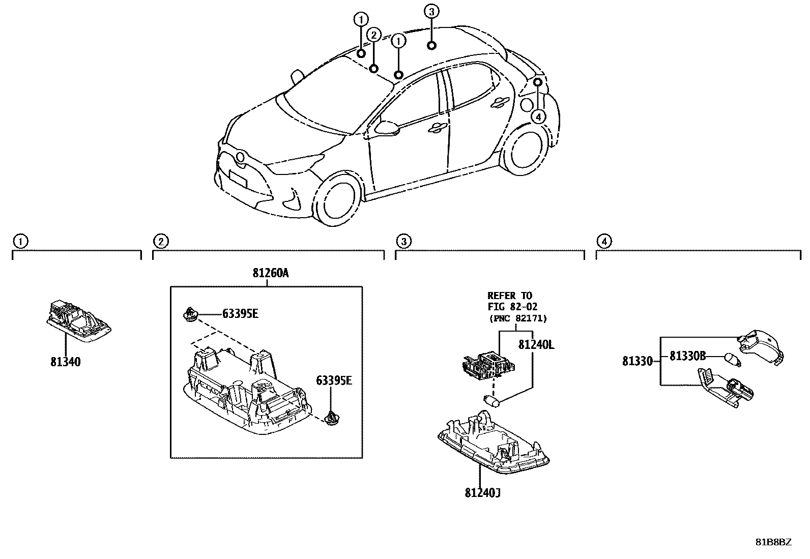 Toyota YARIS 车内灯 EPC diagram — 81B8BZ