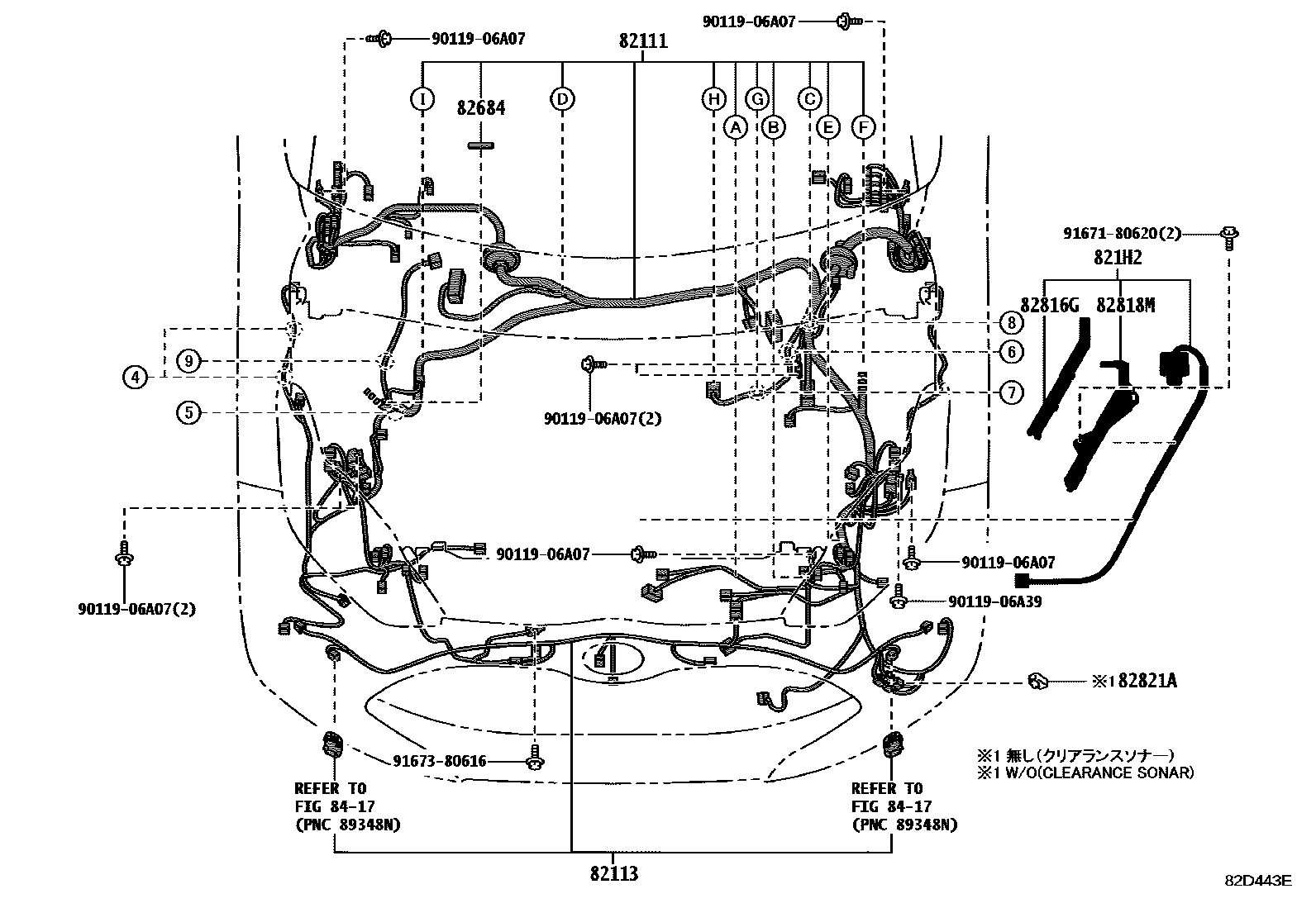 Toyota YARIS 线束和卡夹 EPC diagram — 82D443E