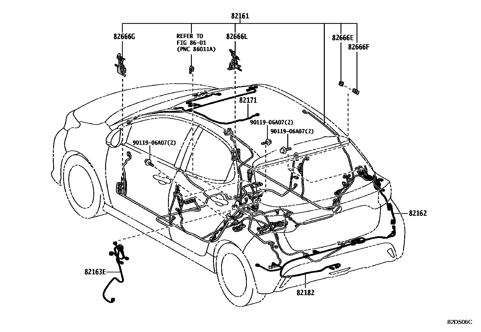 Toyota YARIS 线束和卡夹 EPC diagram — 82D506C