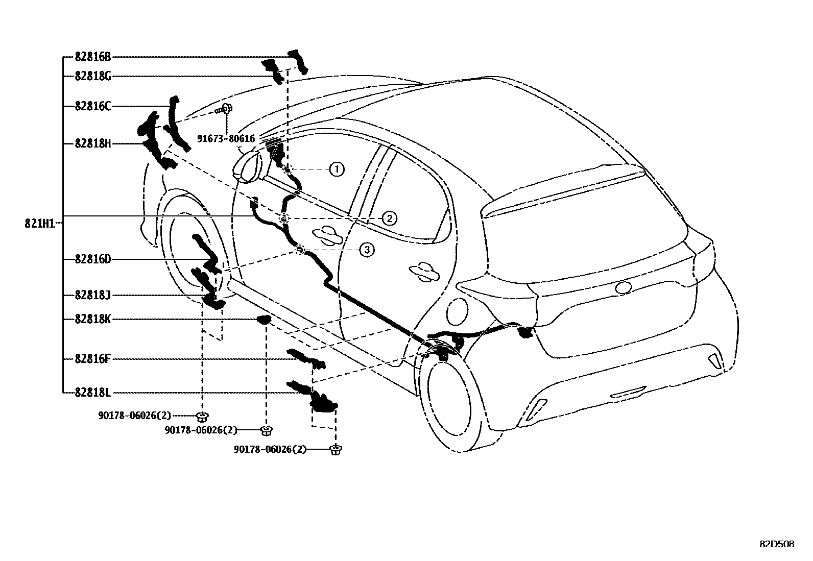 Toyota YARIS 线束和卡夹 EPC diagram — 82D508
