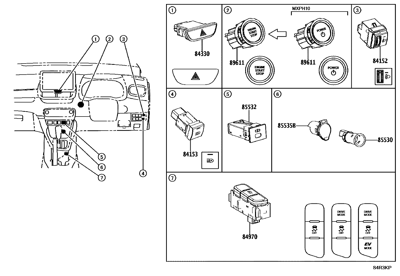 Toyota YARIS 开关和继电器和ECU EPC diagram — 84R3KP