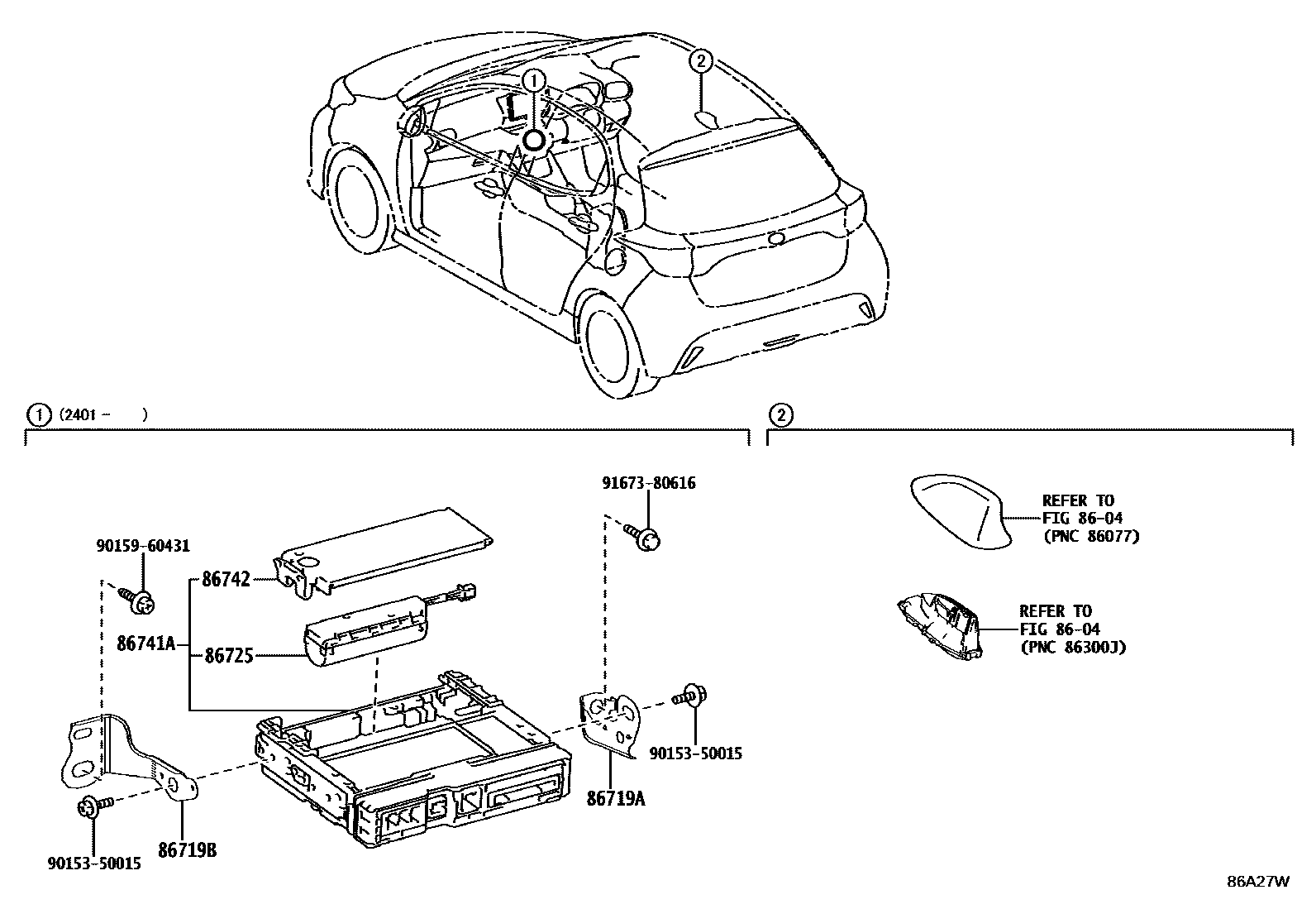 Toyota YARIS 车载电话和呼救装置 EPC diagram — 86A27W