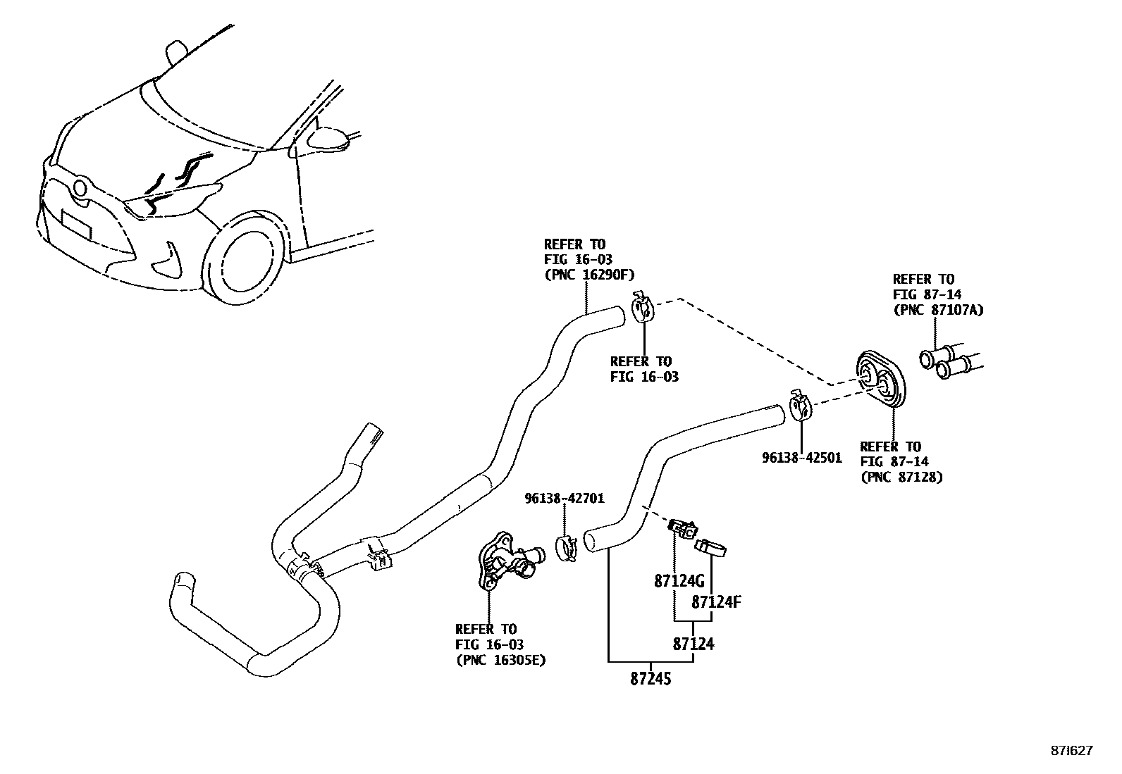 Toyota YARIS 暖风和空调系统 - 水管 EPC diagram — 87I627