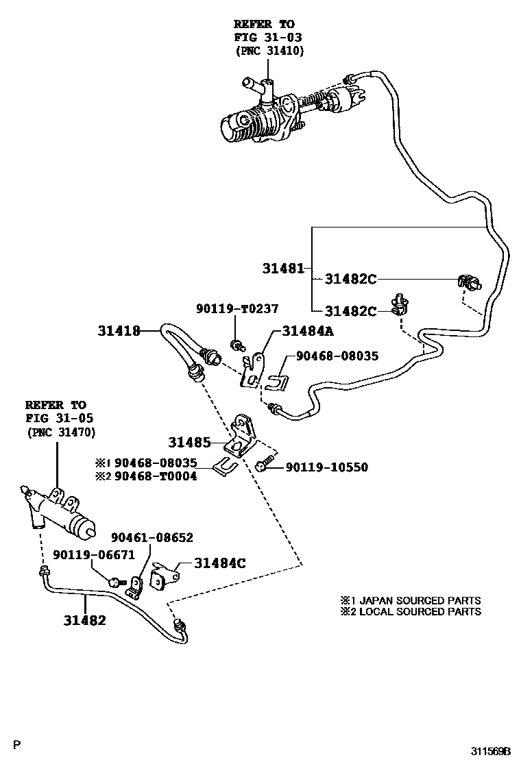 Toyota YARIS 离合器踏板和挠性软管 EPC diagram — 311569B