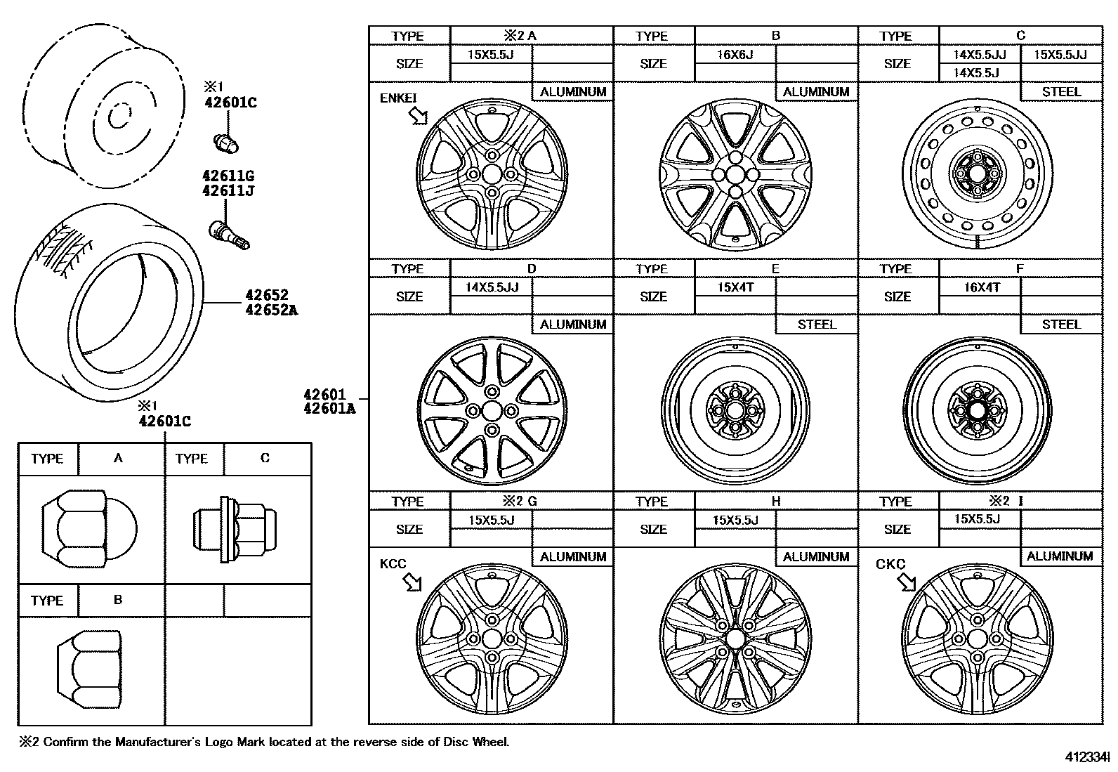 Toyota YARIS 车轮和车轮盖 EPC diagram — 412334I