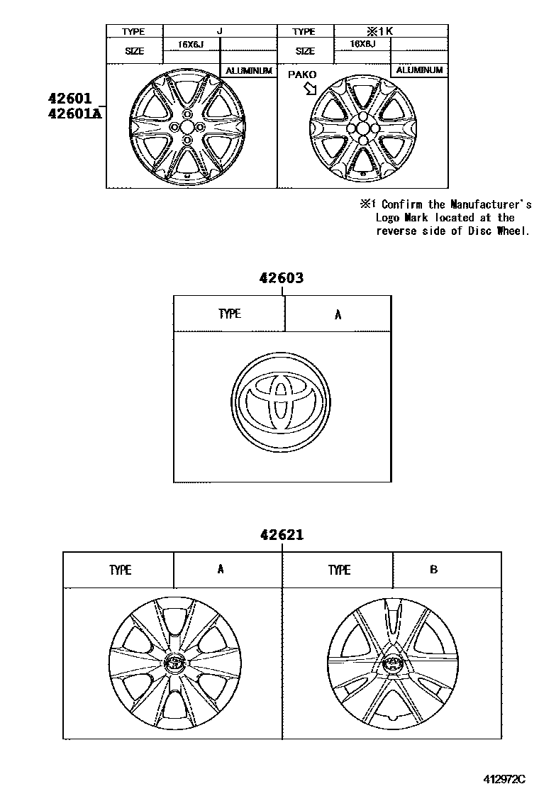 Toyota YARIS 车轮和车轮盖 EPC diagram — 412972C
