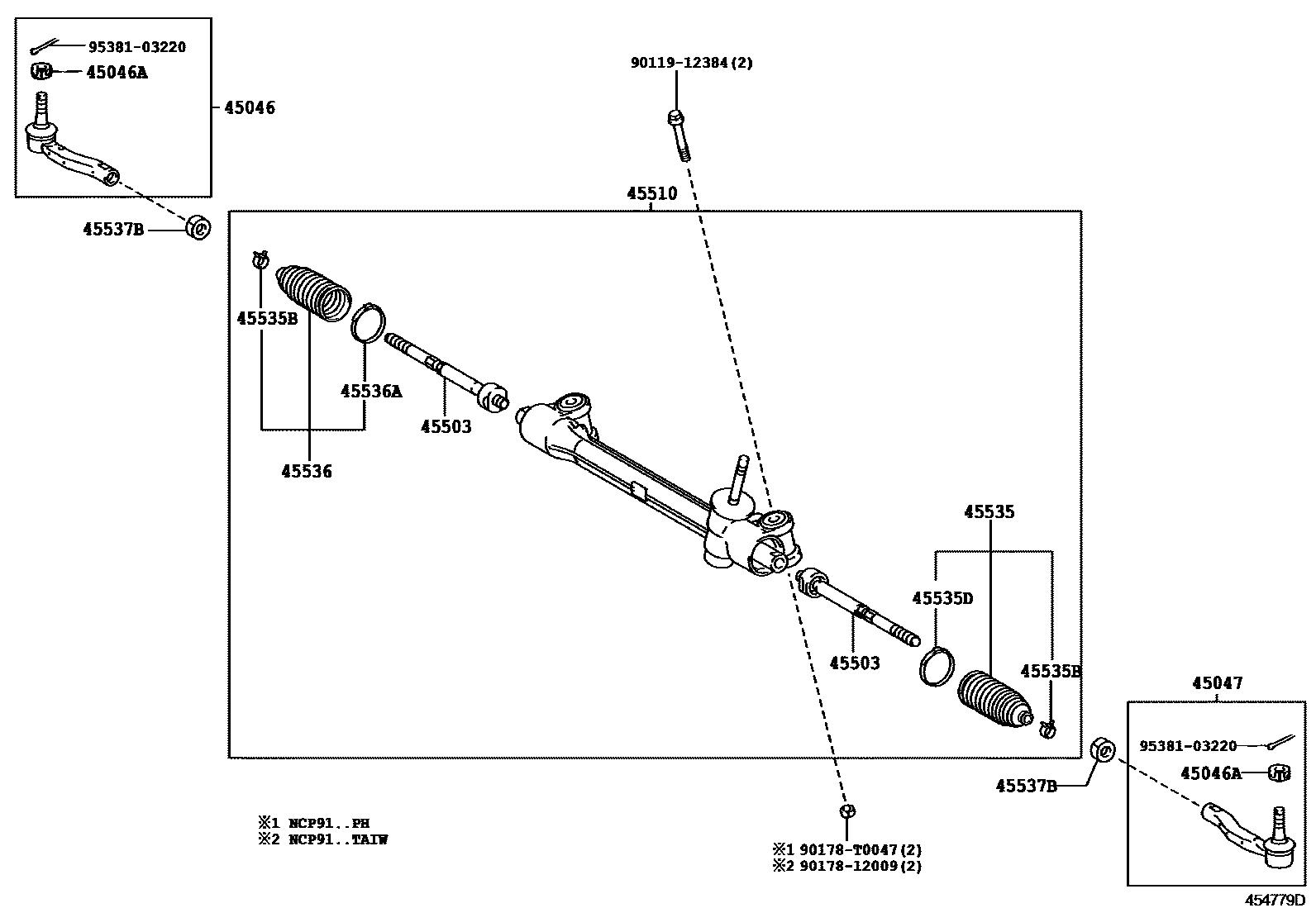 Toyota YARIS 前转向齿轮和连杆 EPC diagram — 454779D
