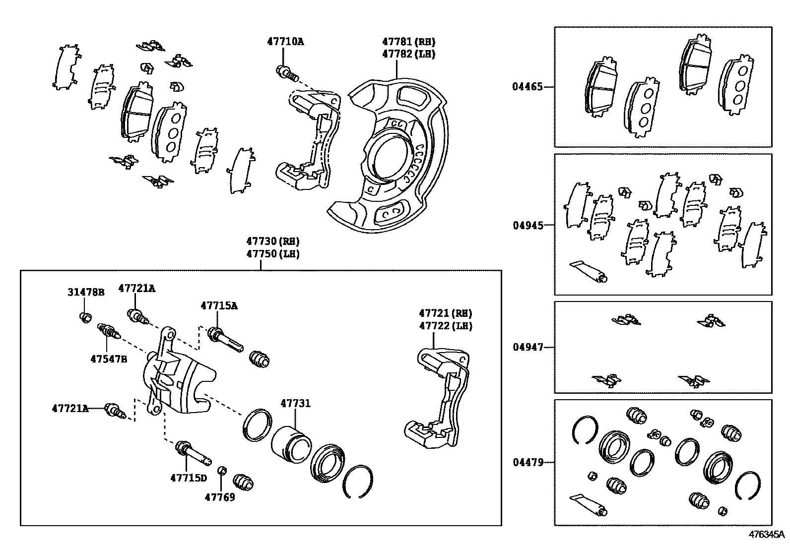 Toyota YARIS 前盘式制动器卡钳和防尘罩 EPC diagram — 476345A