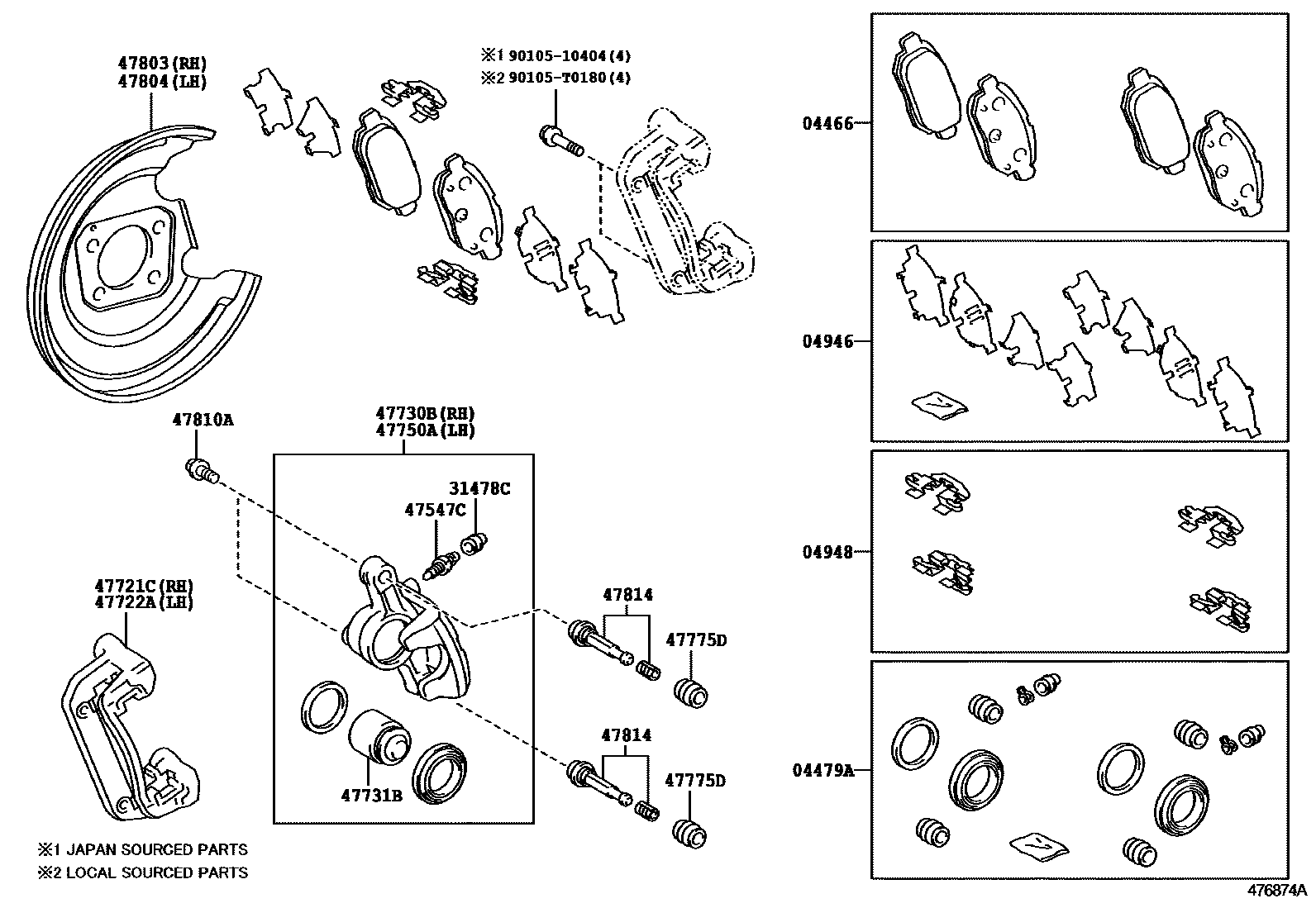 Toyota YARIS 后盘式制动器卡钳和防尘罩 EPC diagram — 476874A