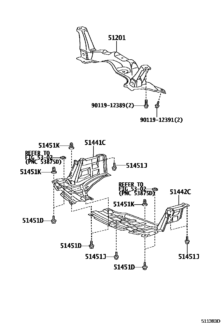 Toyota YARIS 悬架横梁和发动机底罩 EPC diagram — 511383D