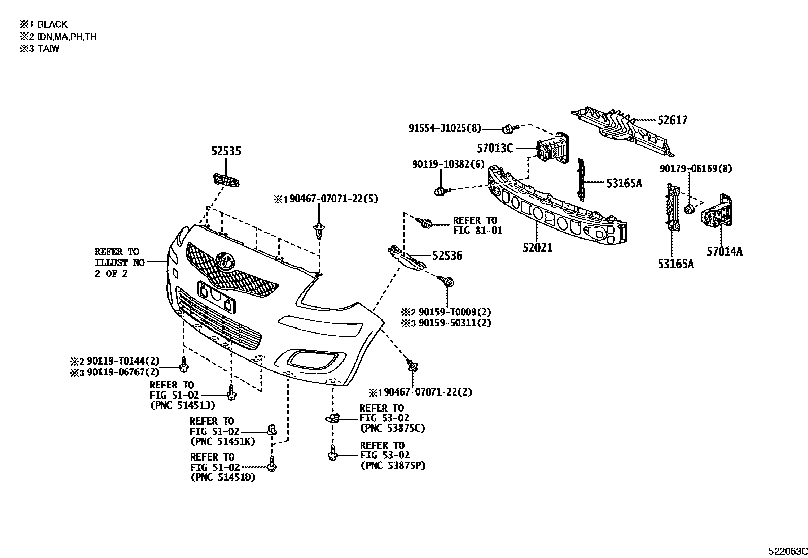 Toyota YARIS 前保险杠及附件 EPC diagram — 522063C