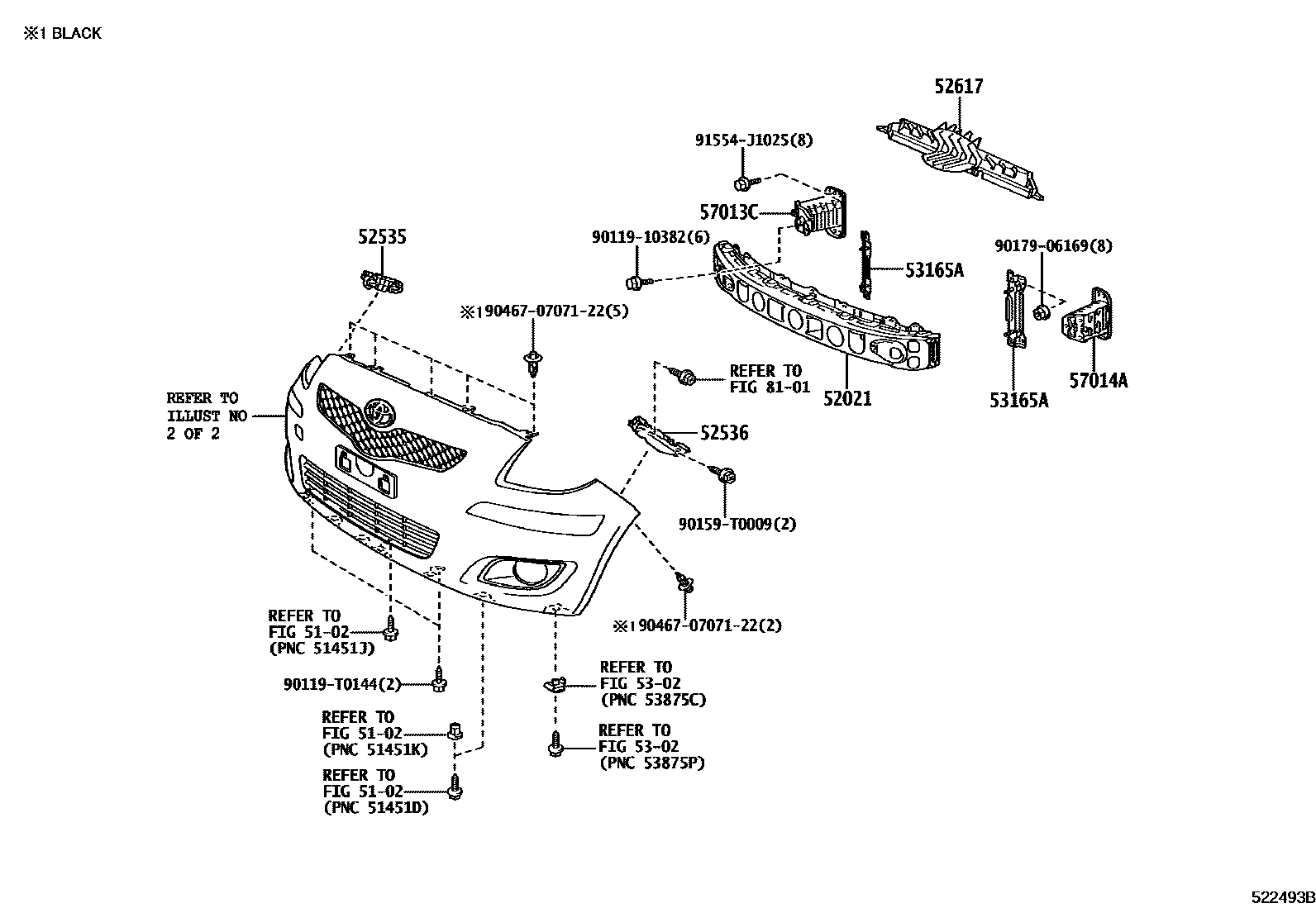 Toyota YARIS 前保险杠及附件 EPC diagram — 522493B