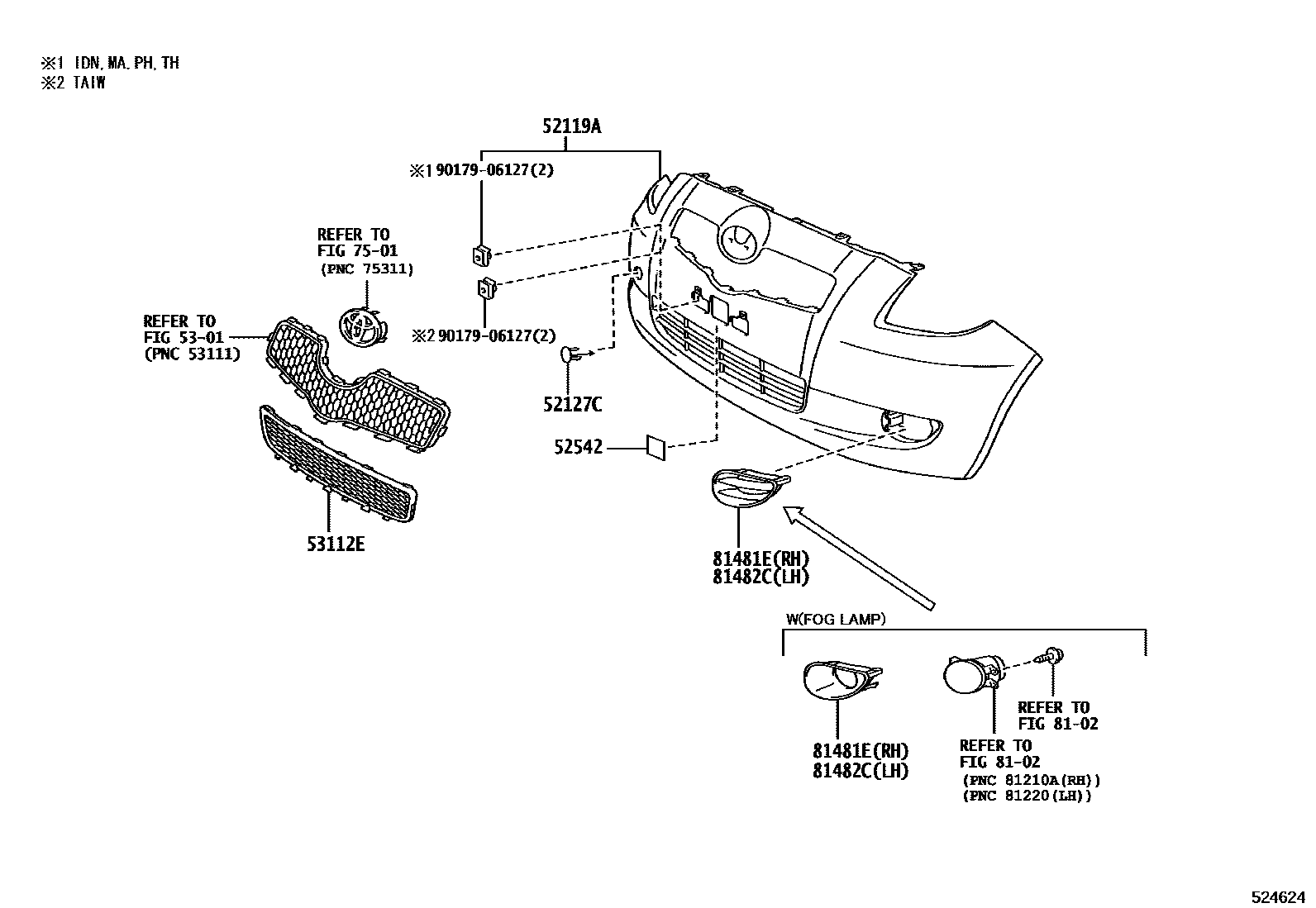 Toyota YARIS 前保险杠及附件 EPC diagram — 524624