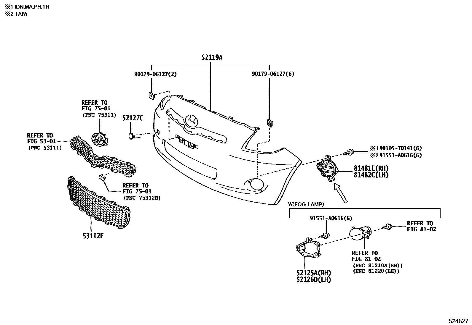 Toyota YARIS 前保险杠及附件 EPC diagram — 524627