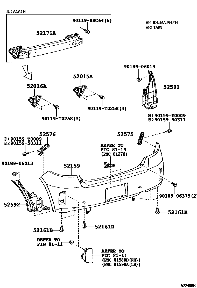 Toyota YARIS 后保险杠及附件 EPC diagram — 522496B