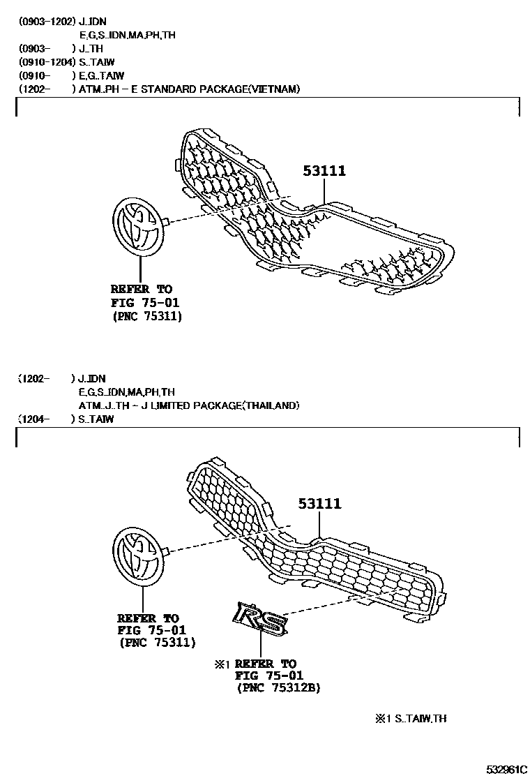 Toyota YARIS radiator grille EPC diagram — 532961C