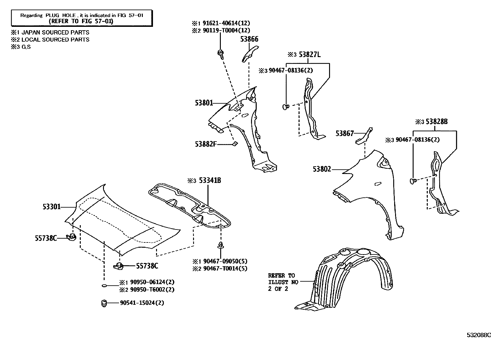Toyota YARIS 发动机盖和前翼子板 EPC diagram — 532088G