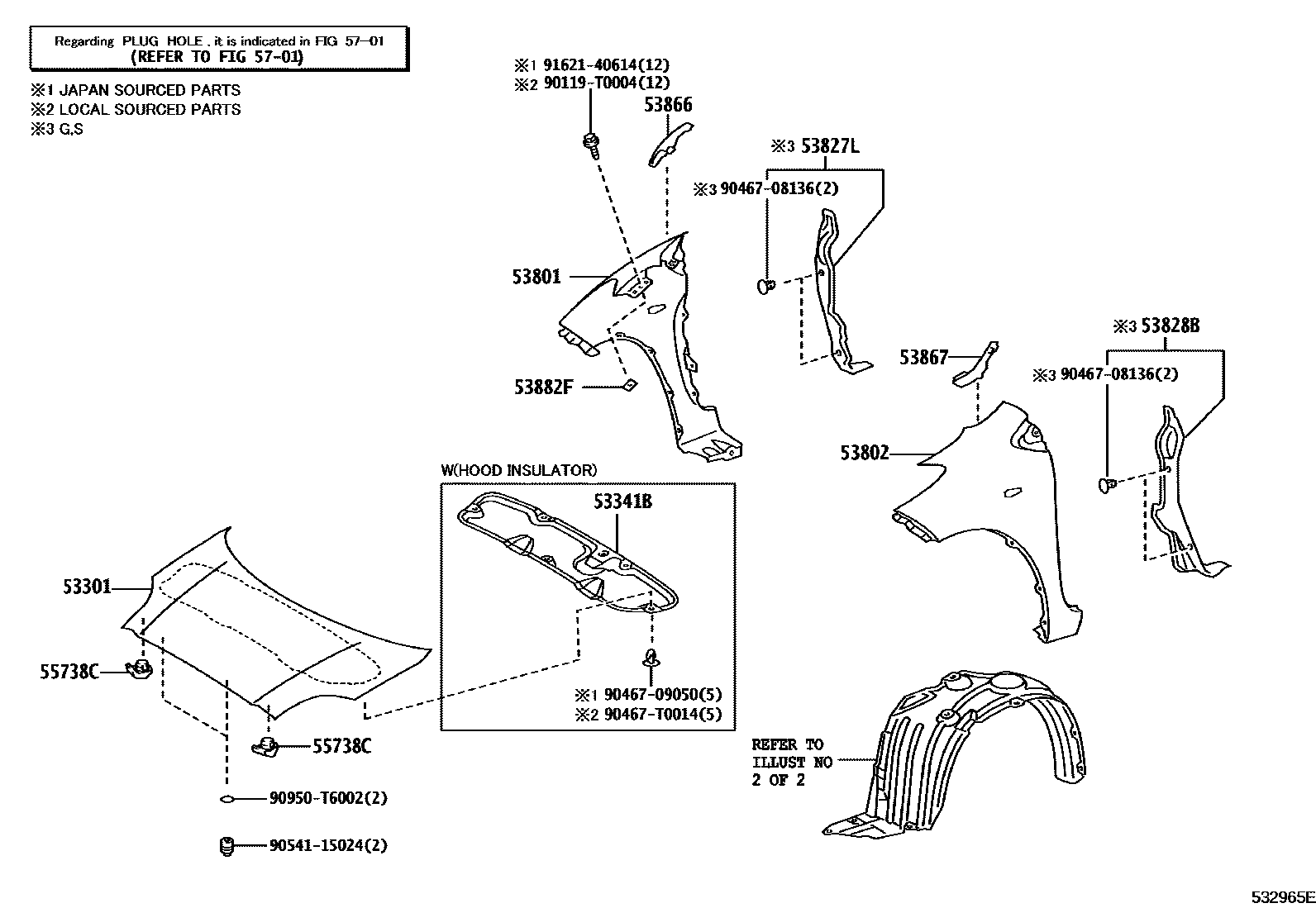 Toyota YARIS 发动机盖和前翼子板 EPC diagram — 532965E