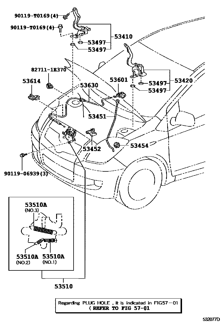 Toyota YARIS 发动机盖锁和铰链 EPC diagram — 532077D