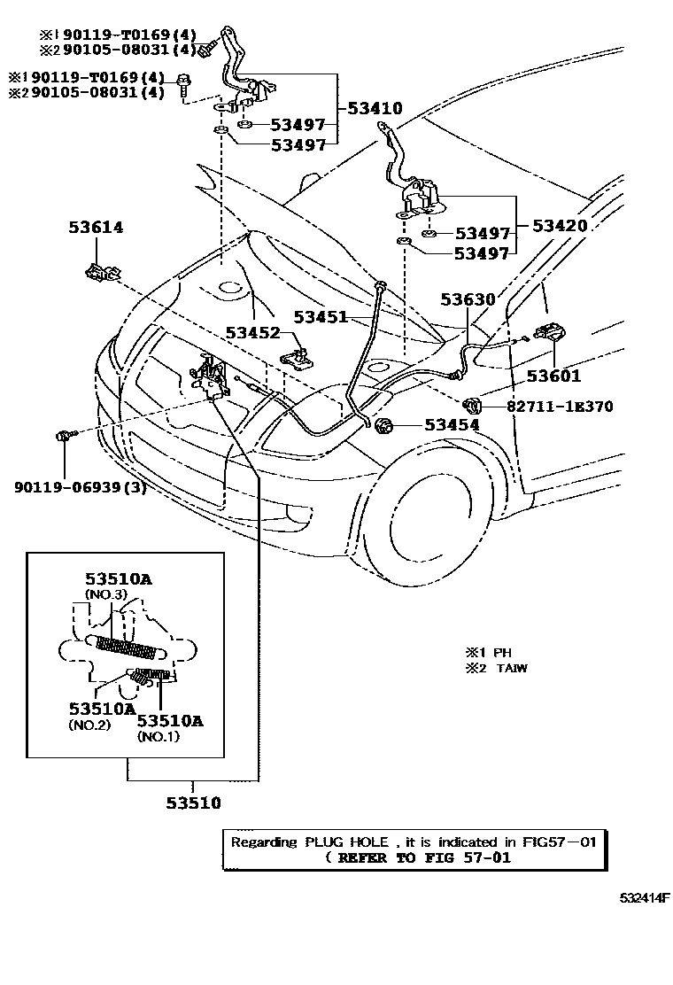 Toyota YARIS 发动机盖锁和铰链 EPC diagram — 532414F