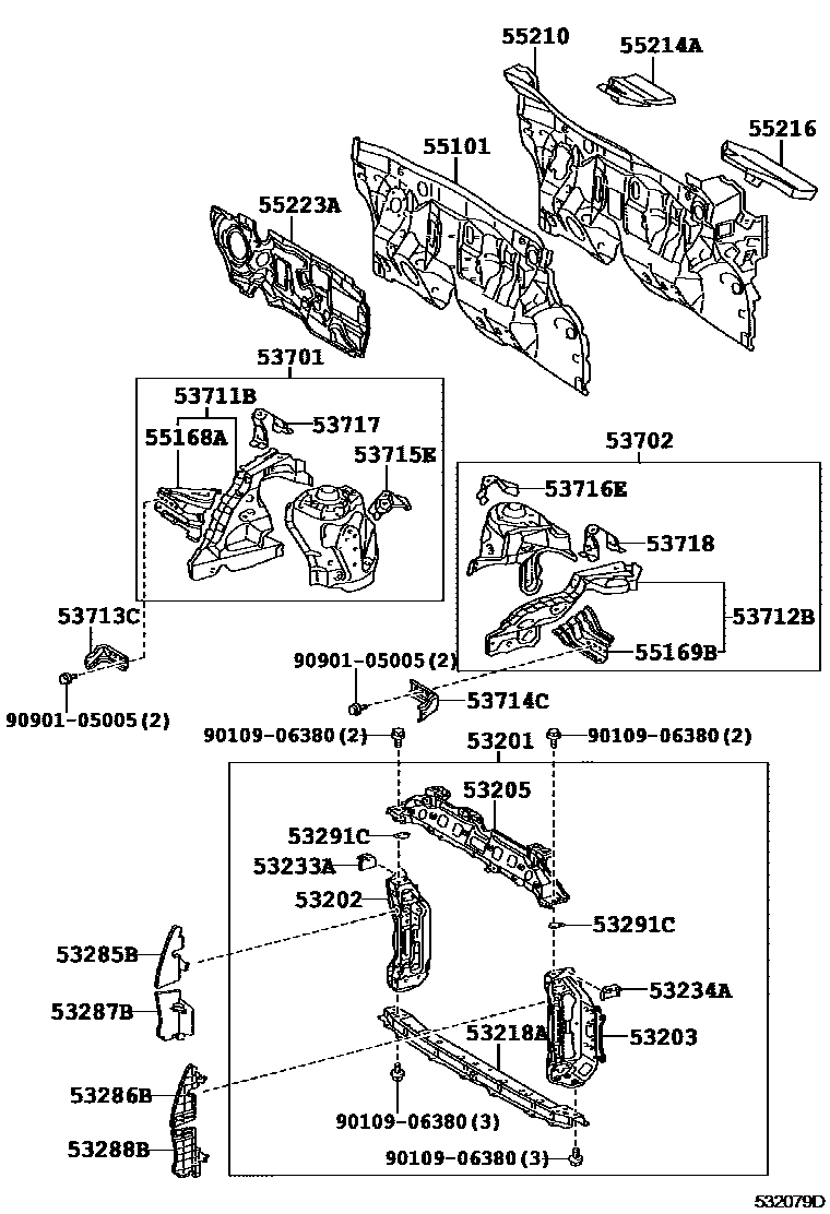 Toyota YARIS 前翼子板挡泥板和前围板 EPC diagram — 532079D