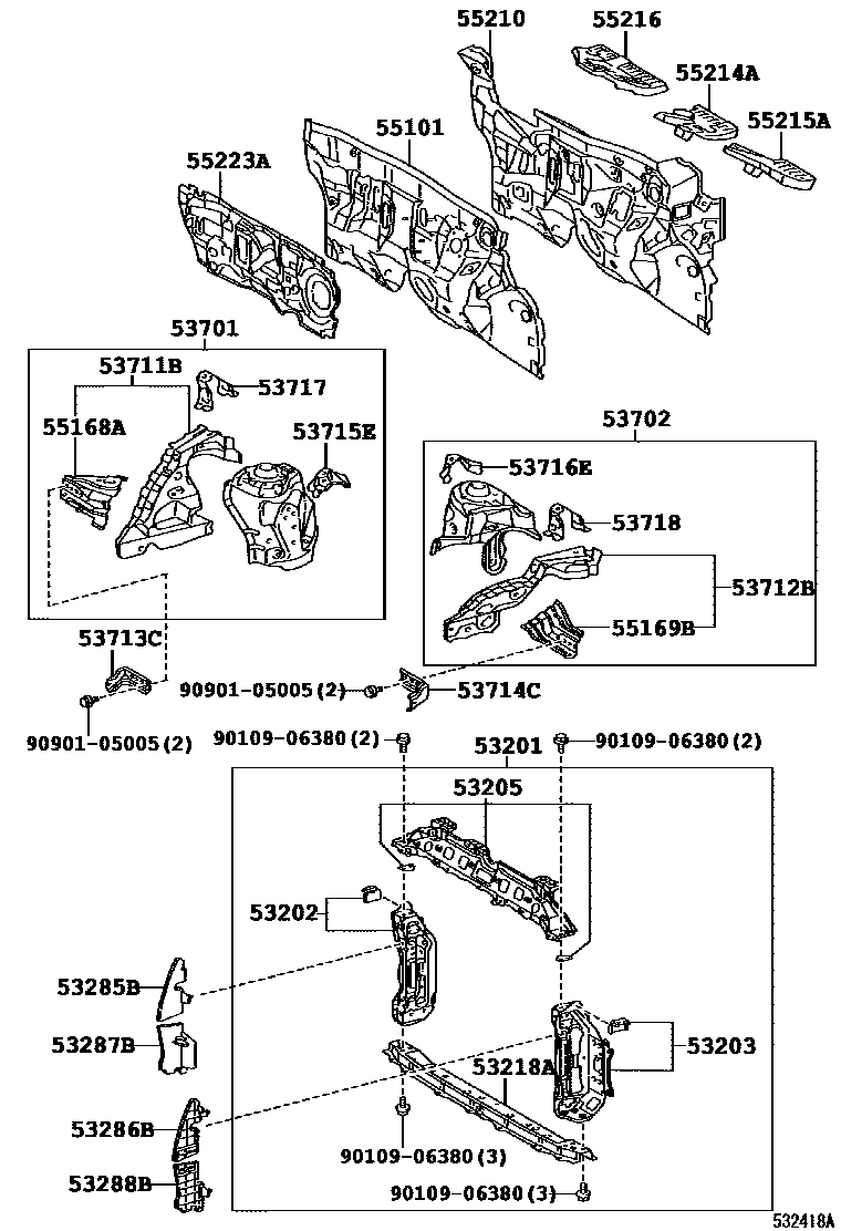 Toyota YARIS 前翼子板挡泥板和前围板 EPC diagram — 532418A