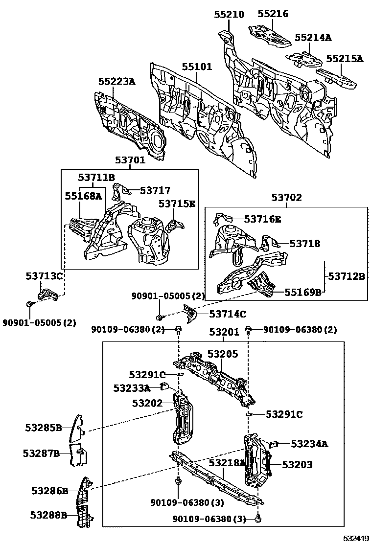 Toyota YARIS 前翼子板挡泥板和前围板 EPC diagram — 532419