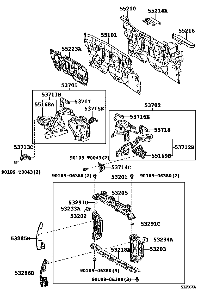 Toyota YARIS 前翼子板挡泥板和前围板 EPC diagram — 532967A