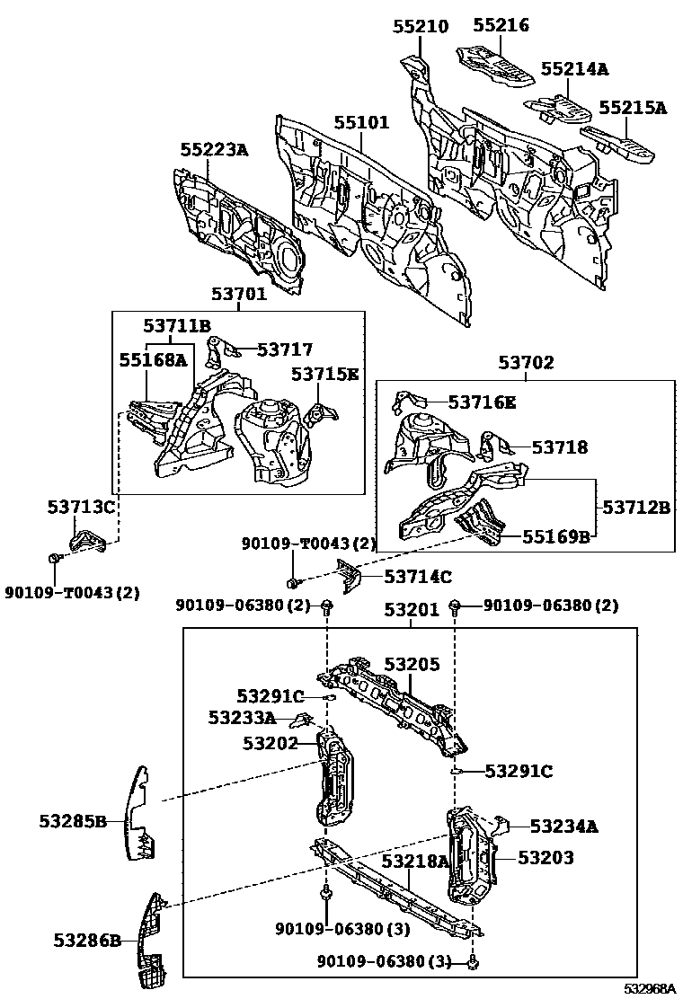 Toyota YARIS 前翼子板挡泥板和前围板 EPC diagram — 532968A