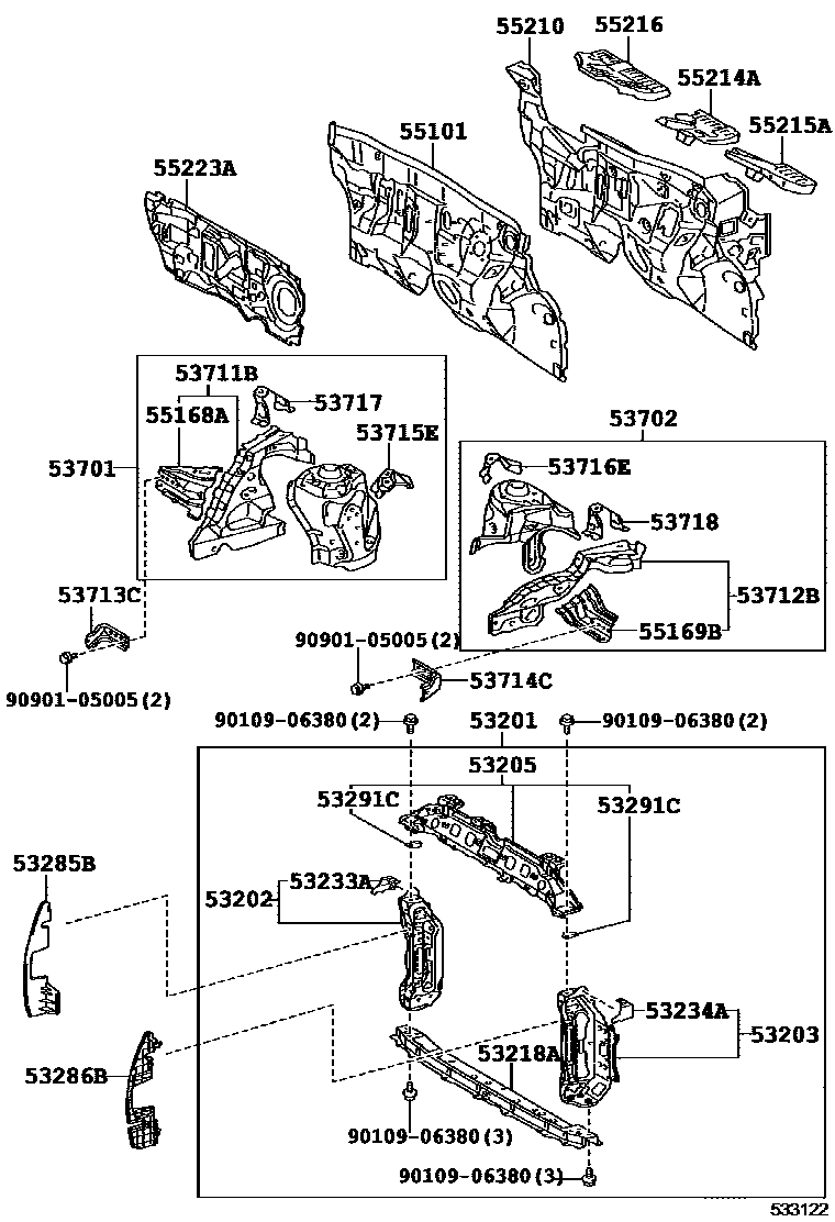 Toyota YARIS 前翼子板挡泥板和前围板 EPC diagram — 533122